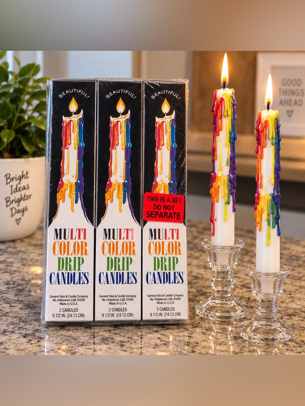 Set of 3 Multi Color Drip Candles - White Base with Rainbow Drips - NEW IN BOX